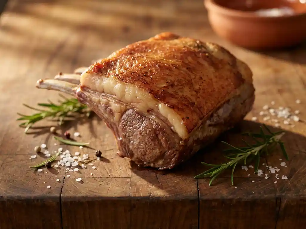 Rack of American lamb with fat cap on rustic butcher block, surrounded by fresh rosemary sprigs and coarse sea salt.