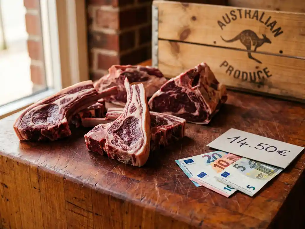 Fresh lamb cuts with visible marbling on a butcher's block, euro banknotes near a price tag, Australian import crate in background.