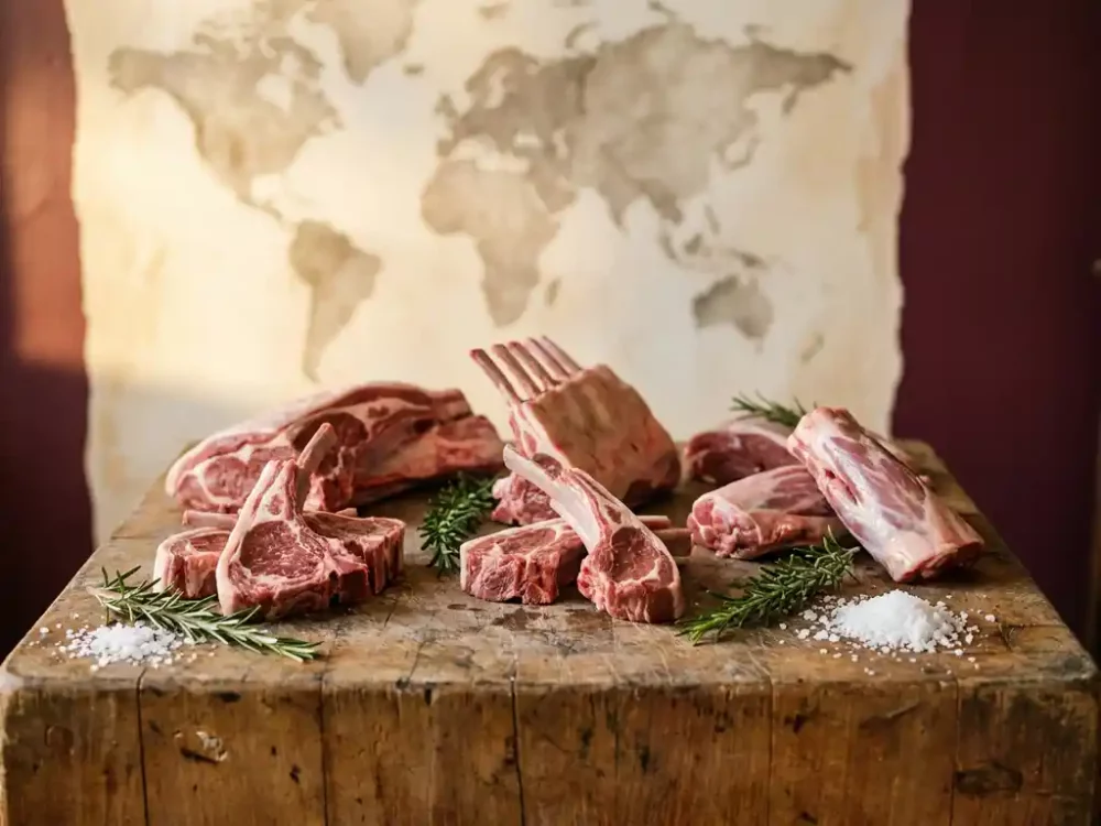 Fresh Australian lamb cuts on a rustic wooden butcher's block with rosemary sprigs and coarse sea salt in warm golden light.