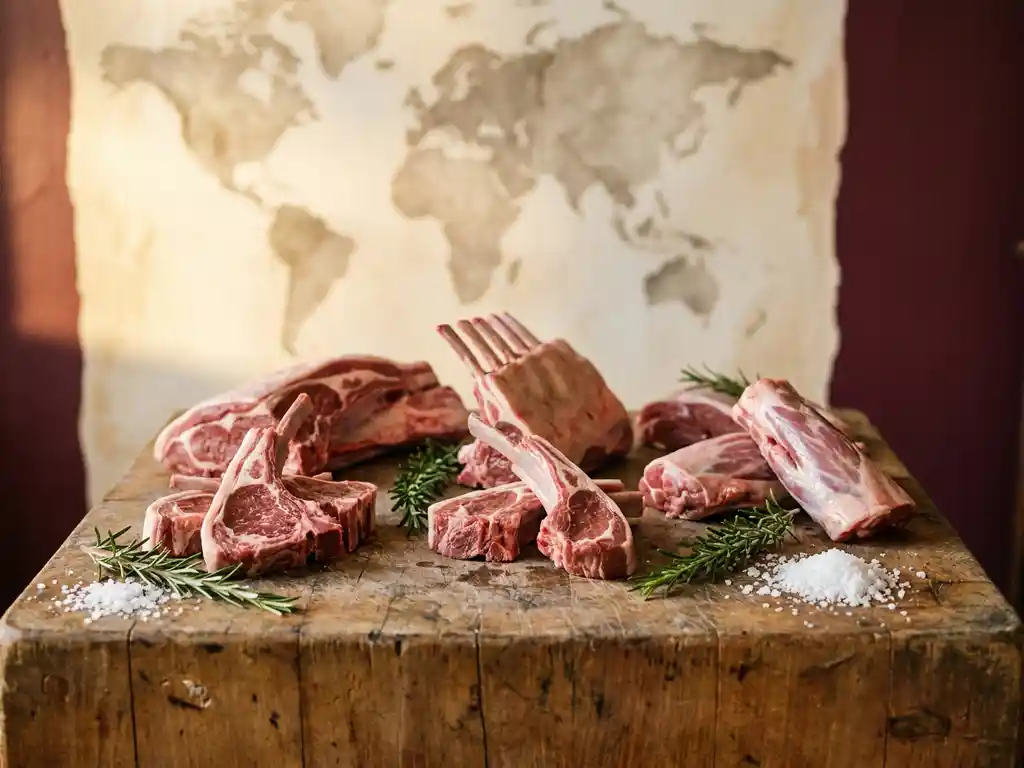 Fresh Australian lamb cuts on a rustic wooden butcher's block with rosemary sprigs and coarse sea salt in warm golden light.