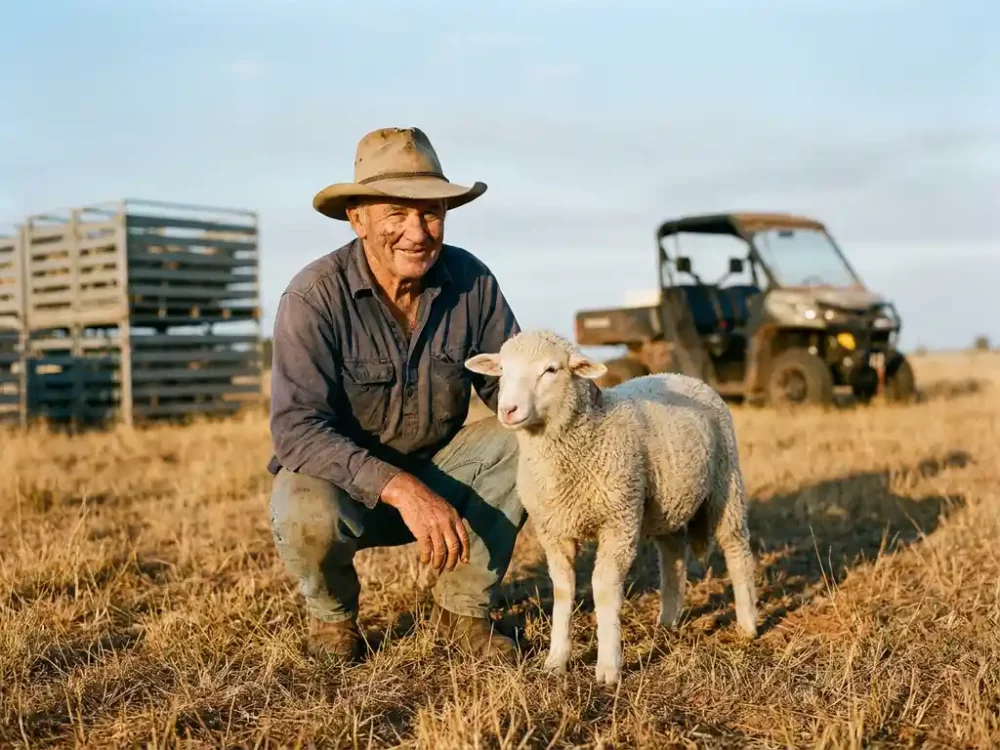 Weathered Australian farmer in wide-brim hat crouching beside a white-wooled lamb in a sun-drenched paddock at golden hour.