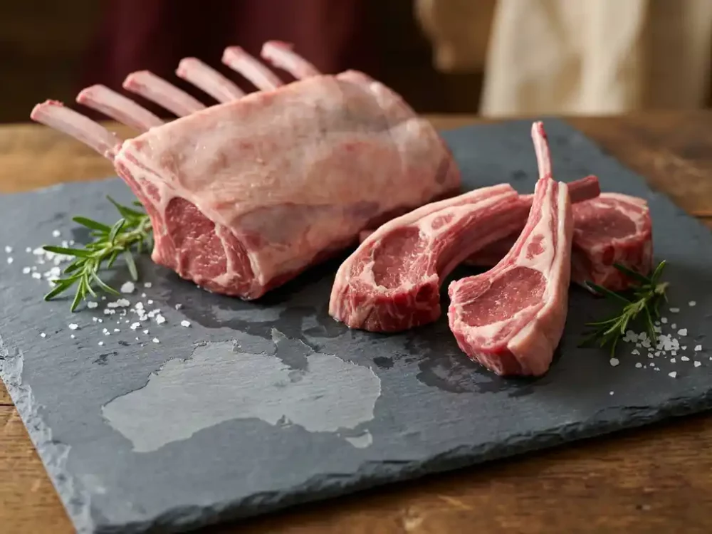 Raw Australian lamb rack and trimmed chops on dark slate with fresh rosemary and coarse sea salt, soft studio lighting highlighting rich meat textures.
