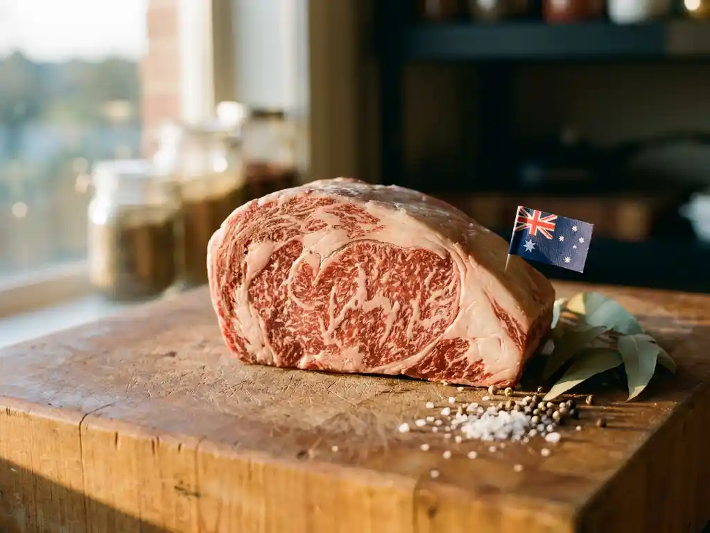 Marmoriertes australisches Ribeye-Steak auf Holzschneidebrett mit Eukalyptuszweigen und australischer Flagge, warmes Seitenlicht.