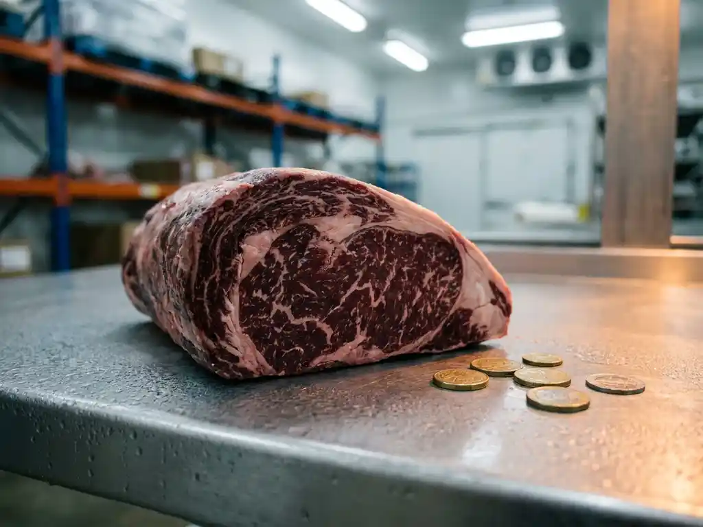 Rohes australisches Rindfleisch auf Edelstahl-Metzgertheke mit australischen Münzen und Euro-Münzen, Kühlhaus im Hintergrund.