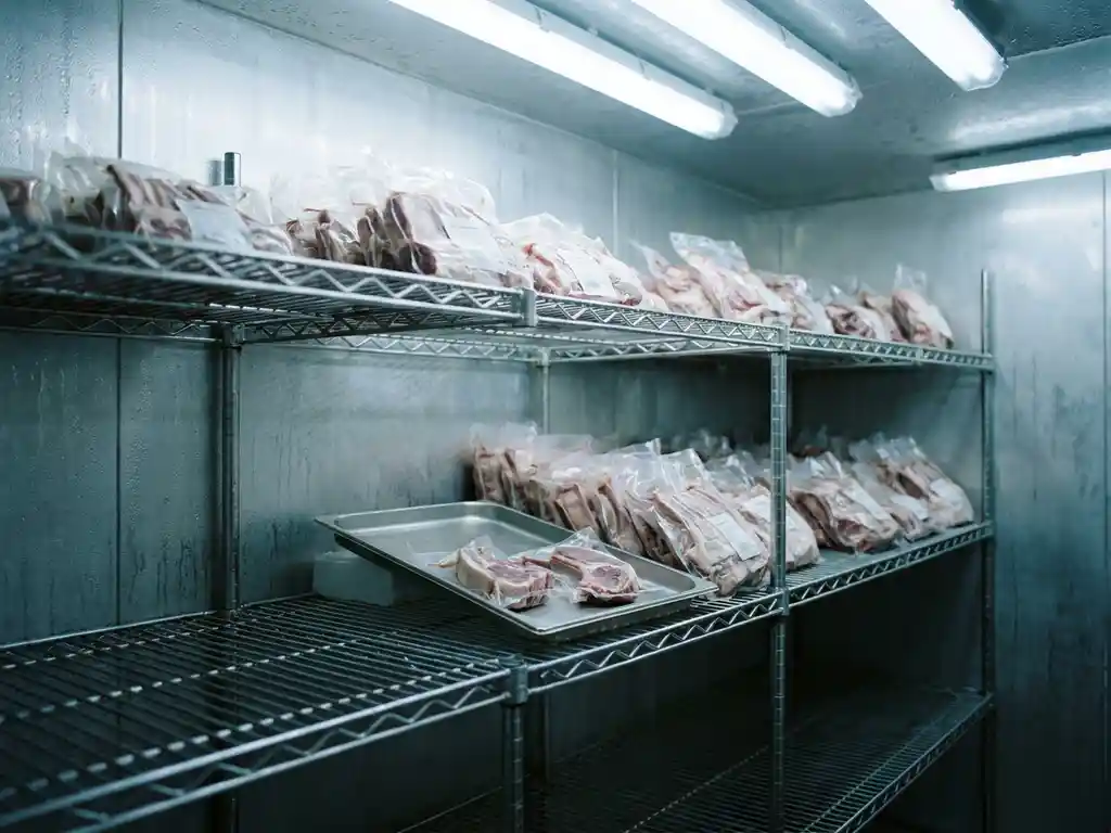 Vacuum-sealed imported lamb cuts stacked on stainless steel shelving in a butcher's cold storage room, one tray set aside.