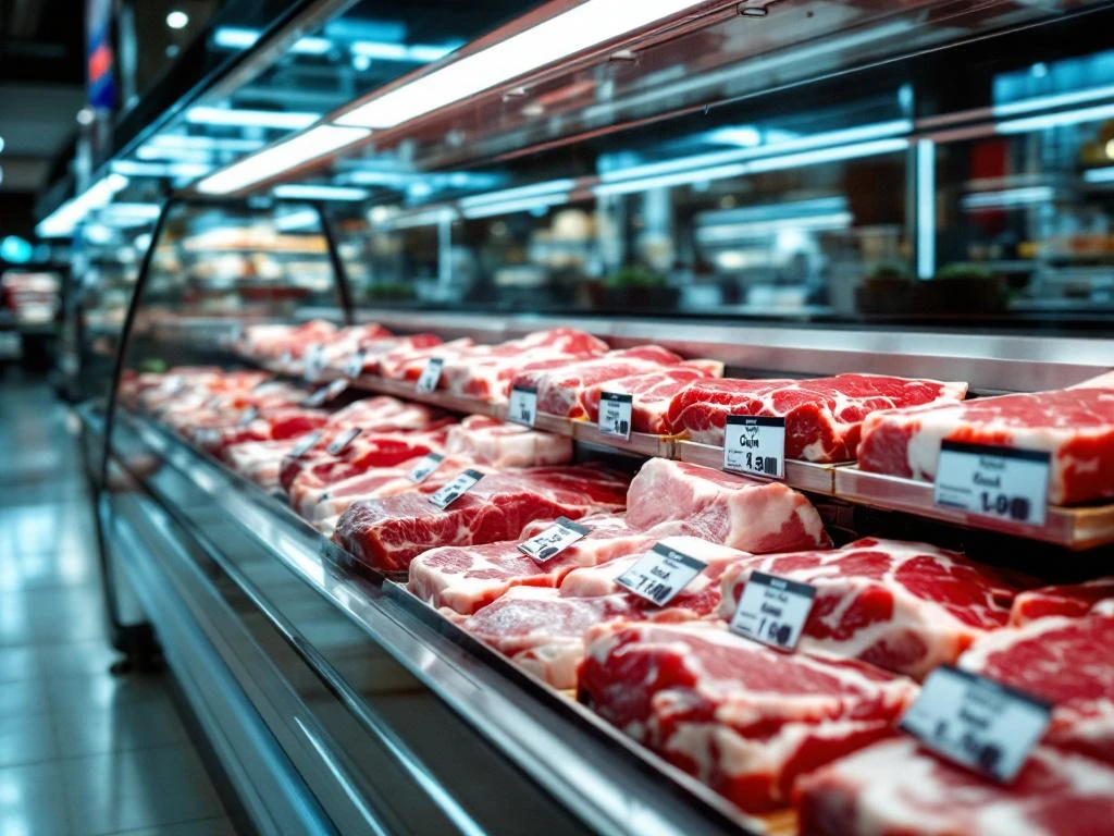 Supermarket meat display case with labeled beef cuts and origin information, shopping cart visible in foreground