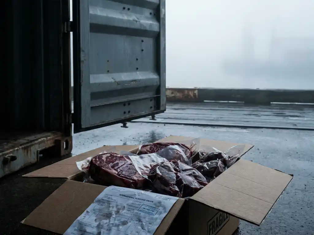 Vakuumverpackte Rind- und Lammfleischstücke quellen aus einem Karton auf einem nebligen Hafendock, daneben ein zerknitterter Kaufvertrag.