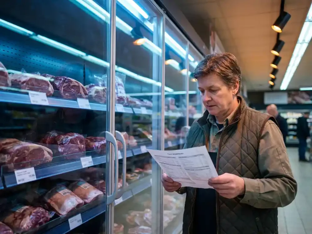 Fleischeinkäufer im Supermarkt prüft Kostenkalkulation neben gekühlter Theke mit Premium-Rind- und Lammfleisch.