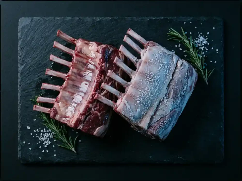 Fresh and frozen premium lamb cuts on dark slate with rosemary sprigs and coarse sea salt, moody studio lighting.