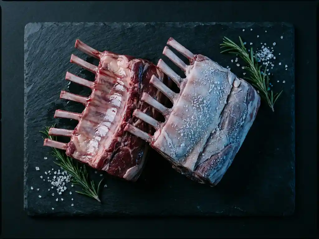 Fresh and frozen premium lamb cuts on dark slate with rosemary sprigs and coarse sea salt, moody studio lighting.