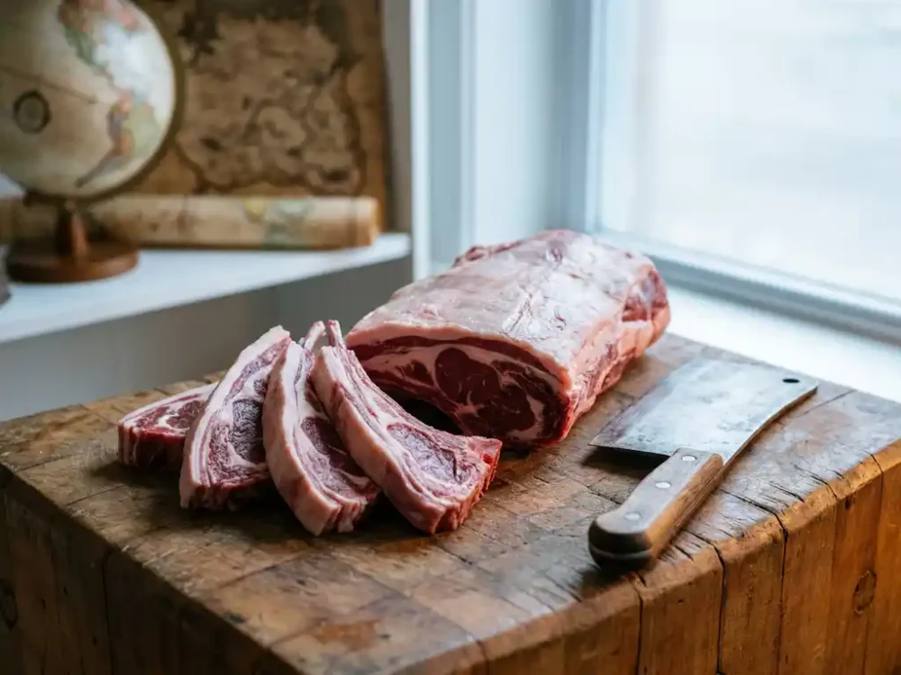 Fresh lamb cuts with rich marbling on a worn butcher's block beside a cleaver, soft globe backdrop suggesting international sourcing.