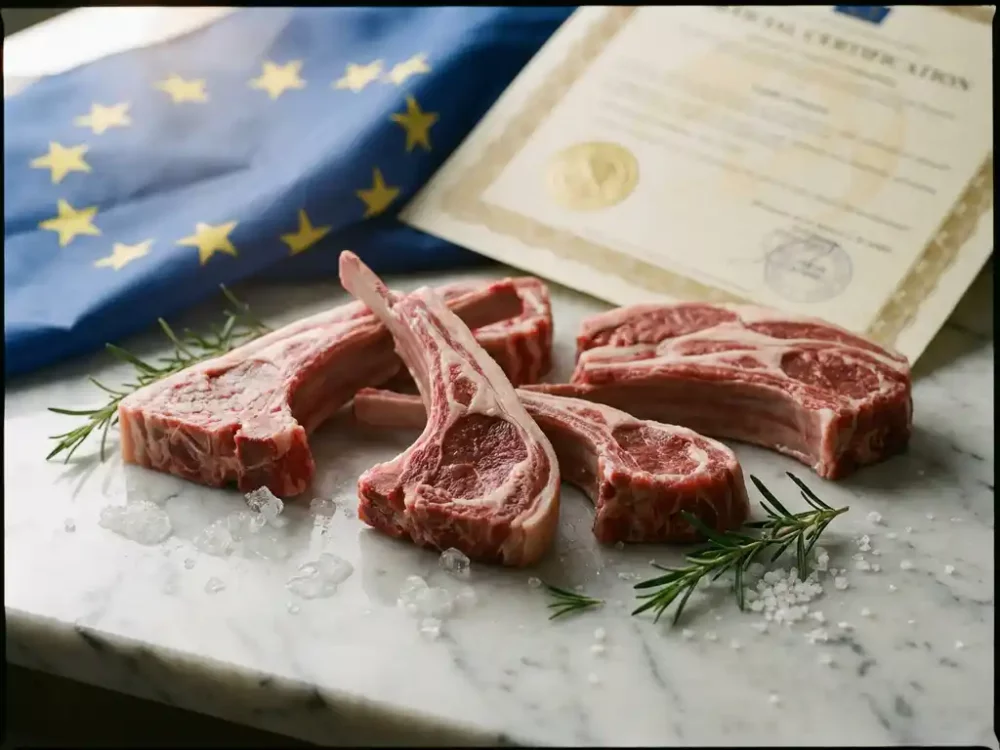Fresh EU-certified lamb cuts on marble with rosemary and sea salt, EU flag and certification document in background.
