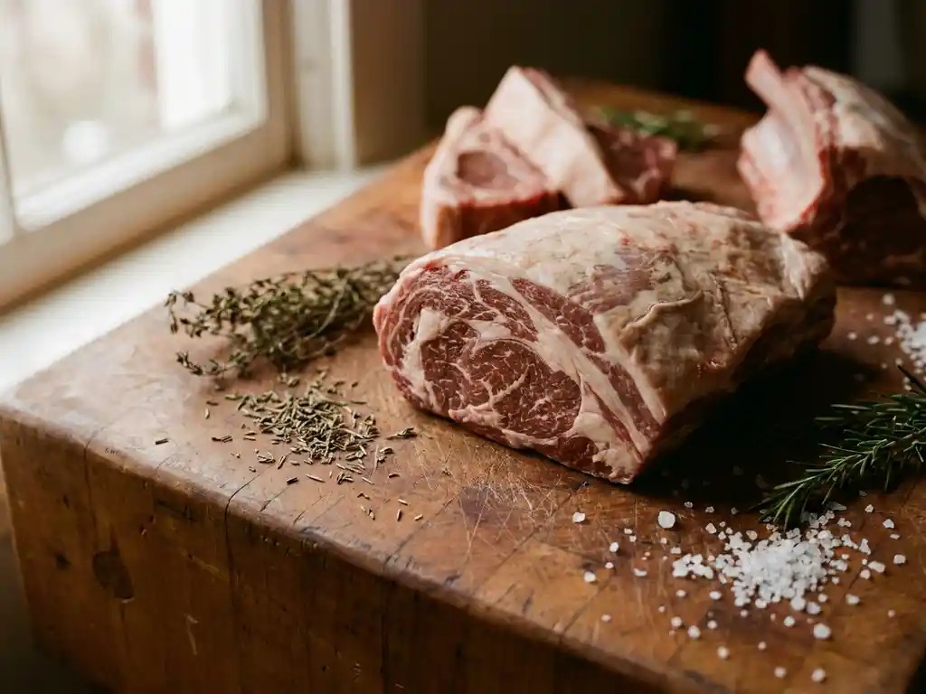 Fresh lamb cuts on a rustic wooden butcher block with scattered dried herbs and coarse sea salt, lit by soft natural window light.