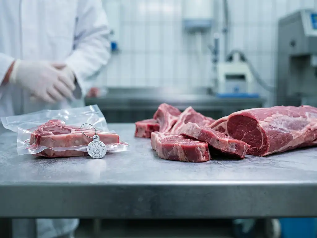 Fresh lamb cuts on stainless steel inspection surface with certification tag on vacuum-sealed packaging in a quality control setting.