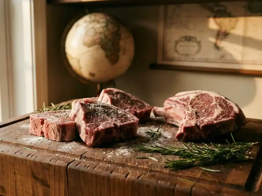 Fresh lamb cuts on a rustic wooden butcher's block with scattered rosemary sprigs and a vintage world map softly blurred in the background.