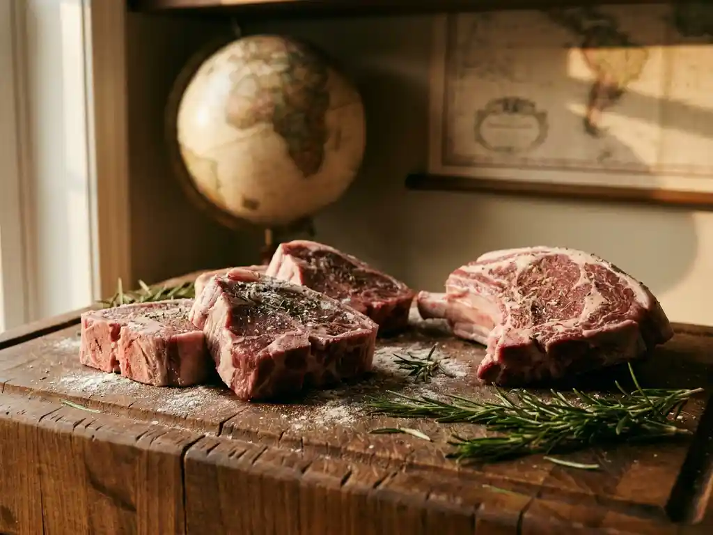Fresh lamb cuts on a rustic wooden butcher's block with scattered rosemary sprigs and a vintage world map softly blurred in the background.