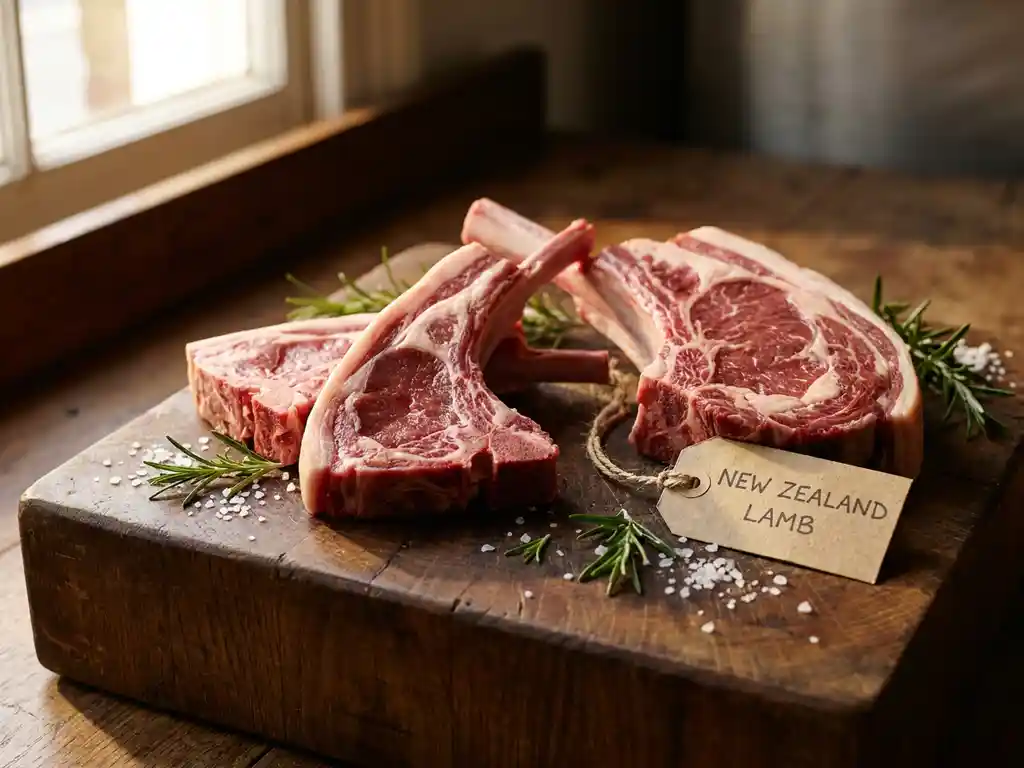 Fresh lamb cuts on a rustic wooden butcher block, garnished with rosemary sprigs and a twine-tied country-of-origin tag.