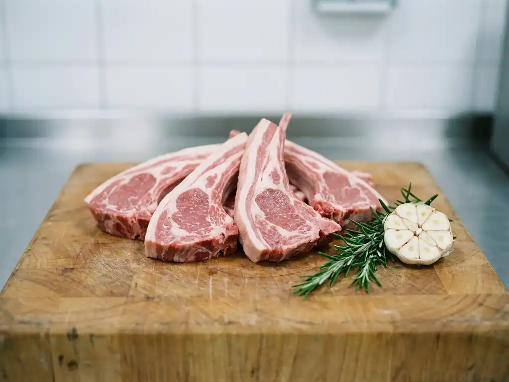 Fresh lamb cuts with pink marbling on a wooden butcher's board, garnished with rosemary sprig and halved garlic bulb.