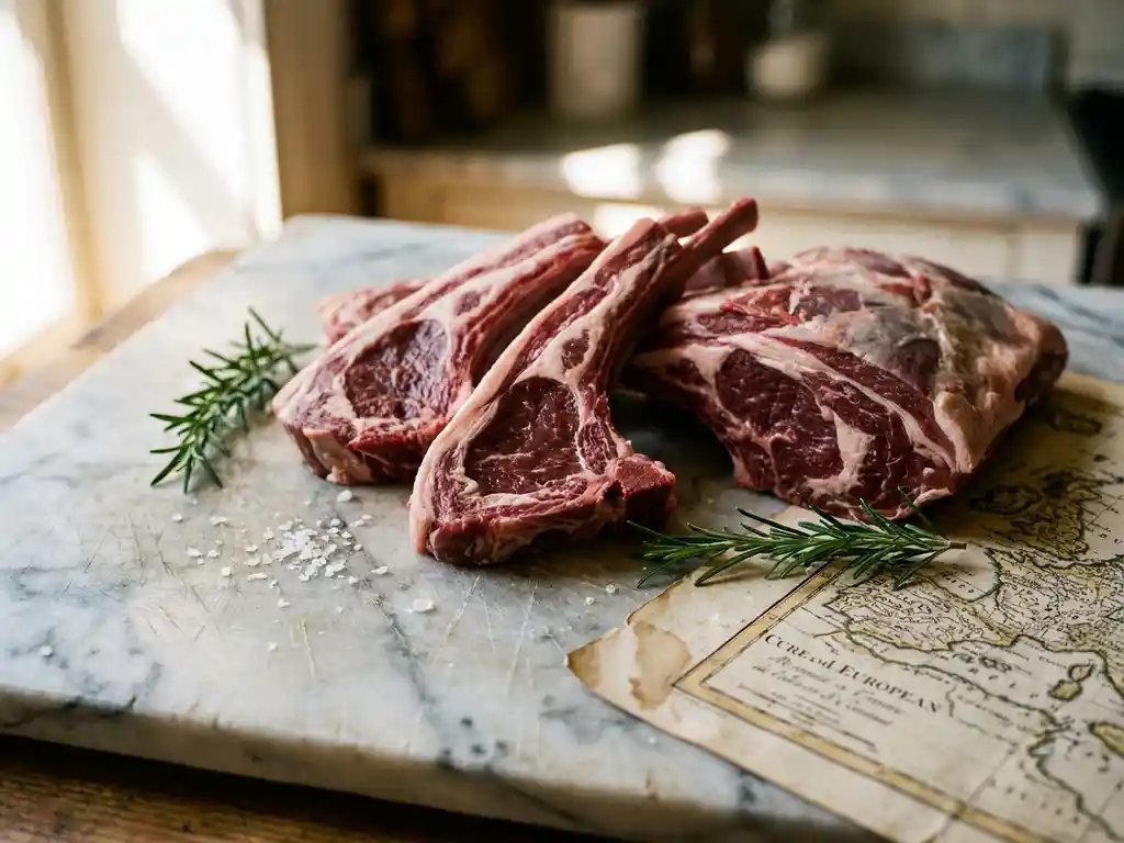 Fresh lamb cuts on a marble butcher's surface with rosemary sprigs, coarse sea salt, and a faded European map beneath.