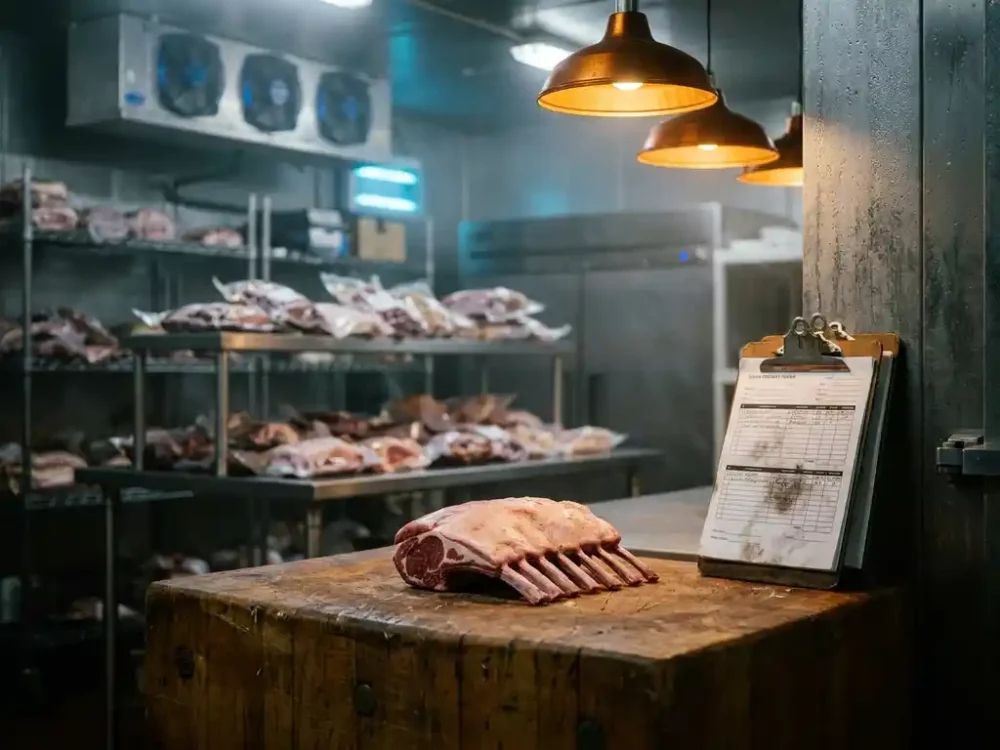 Rack of lamb on a butcher's block in a cold-storage warehouse, vacuum-sealed cuts on metal shelving and delivery clipboard nearby.