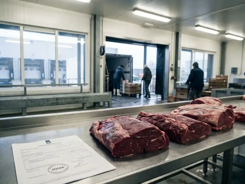 Frische Rindfleischstücke auf Edelstahl-Prüftisch mit NVWA-Veterinärstempel auf Zertifikat, Kühllagerdock im Hintergrund.