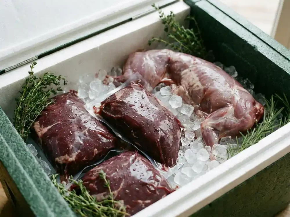 Frisches Wildfleisch auf Crushed Ice in einer Kühlbox, umgeben von Thymian- und Rosmarinzweigen, tiefes Burgunderrot im Kontrast zu Weiß und Grün.