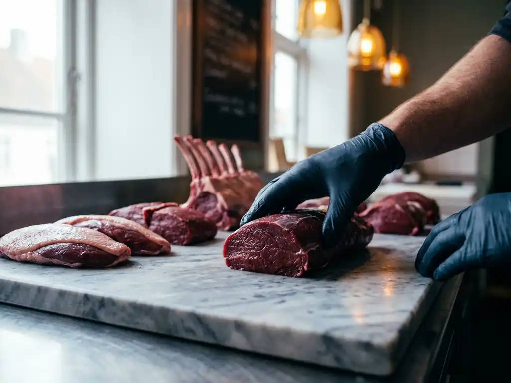 Behandschuhte Hand prüft ein Wildlachs-Lendenstück auf Marmortisch, tiefrot glänzende Wildret-Cuts im Vordergrund.