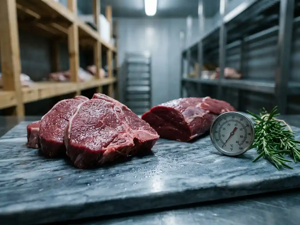 Frische Wildret-Cuts auf Marmoroberfläche mit Thermometer und Rosmarinzweigen, Kondenstropfen auf tiefrotem Fleisch sichtbar.