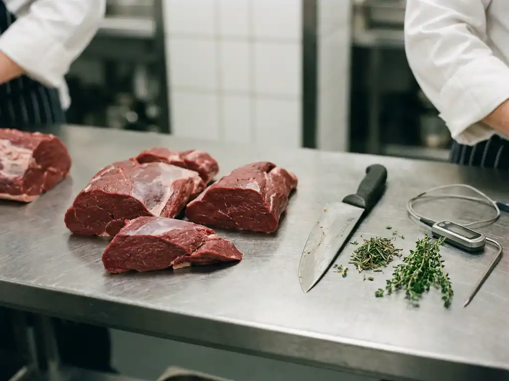 Frisch zugeschnittene Wildvenison-Stücke auf Edelstahlfläche mit Ausbeinmesser, Thymian und Temperaturmesser.