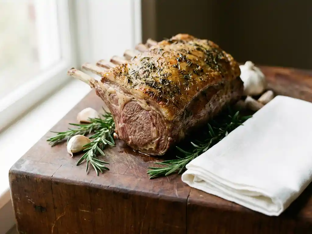 Herb-crusted rack of lamb on a rustic wooden board with fresh rosemary sprigs and whole garlic cloves in soft natural light.