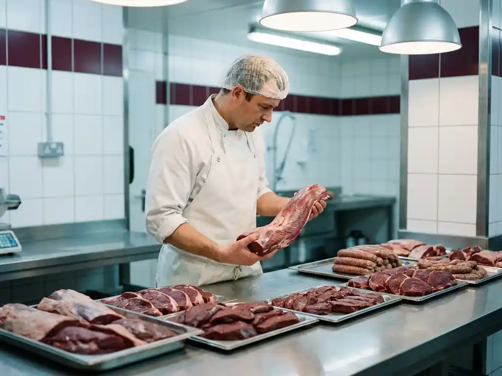 Metzger im weißen Kittel prüft Wildlachs-Rehrücken auf Edelstahltheke, umgeben von sortierten Wildfleischzuschnitten.