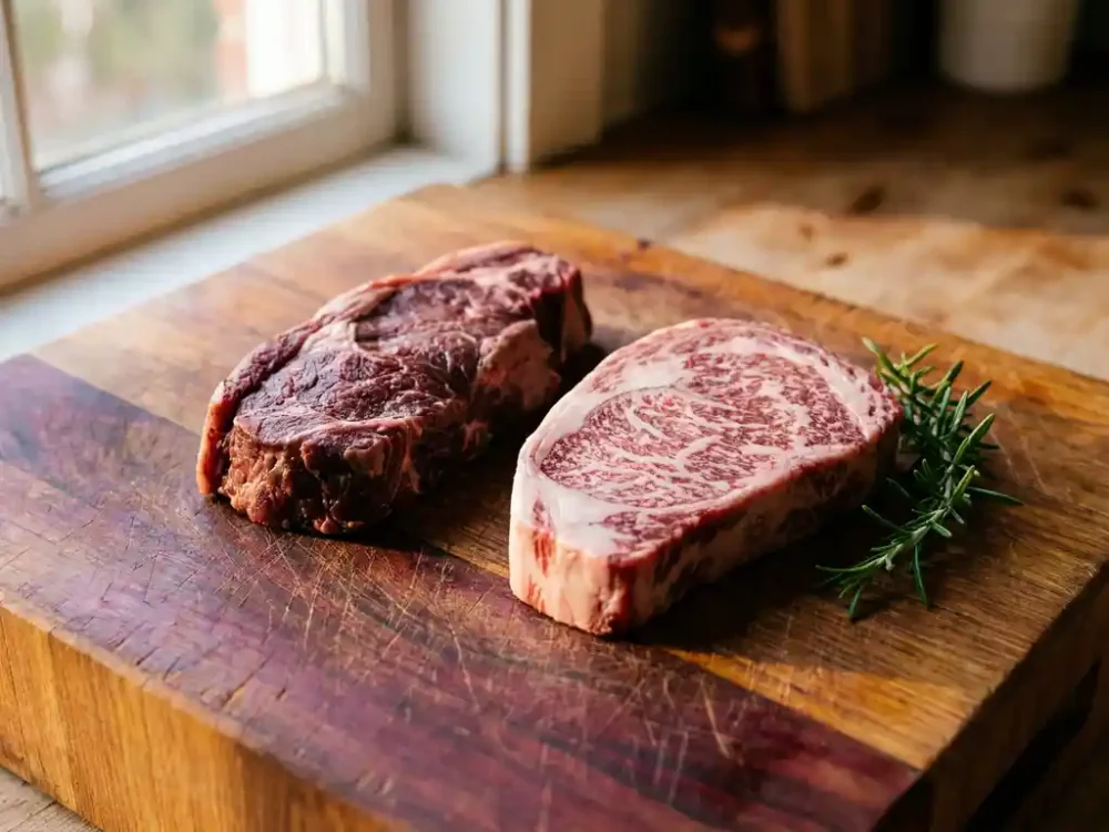 Ibérico Presa und Wagyu Ribeye mit feiner Fettmaserung auf Holzblock, frischer Rosmarinzweig, warmes Seitenlicht.