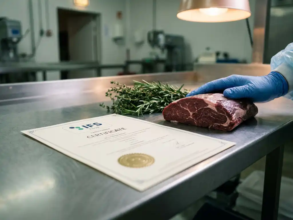 IFS-Zertifikat auf Edelstahltisch neben rohem Wildfleisch und frischen Kräutern, Qualitätsprüfer mit Handschuh im Vordergrund.