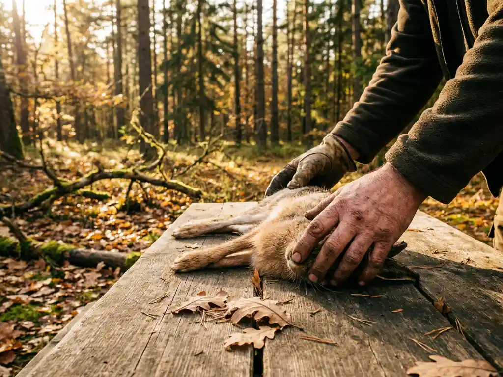 Verwitterte Hände eines Jägers legen einen frisch aufgebrochenen Wildhasen auf einen rustikalen Holztisch im herbstlichen Wald.
