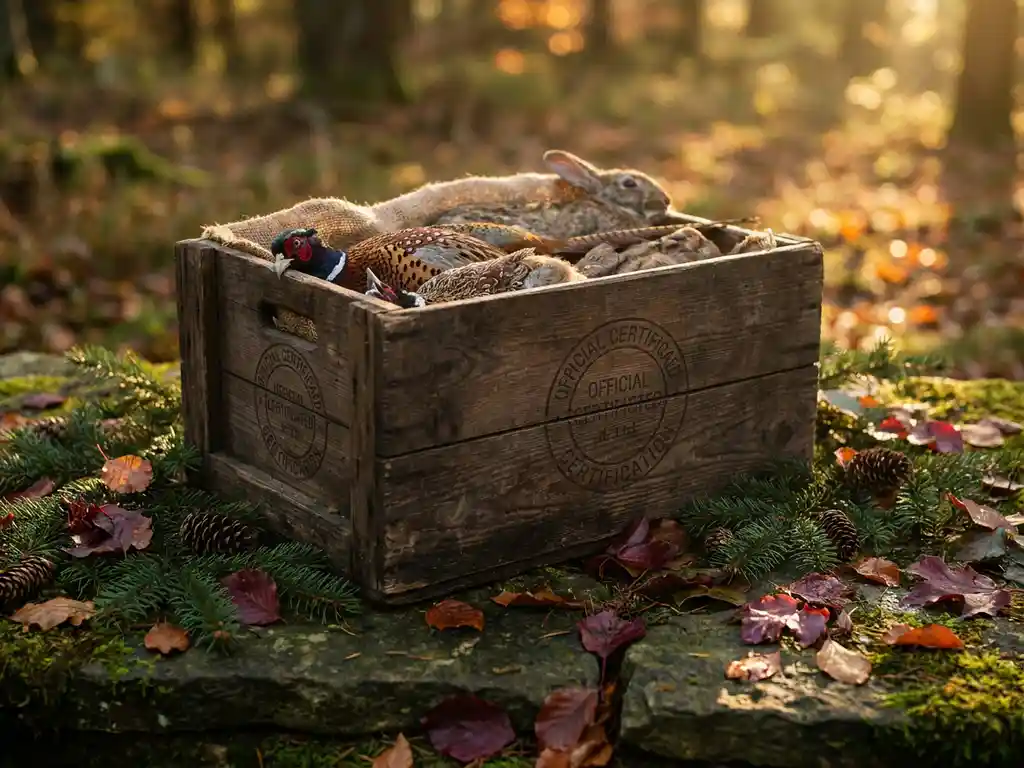 Verwitterte Holzkiste mit Zertifizierungsmarken und frischem Wild, umgeben von Kiefernzweigen und Herbstblättern im goldenen Abendlicht.