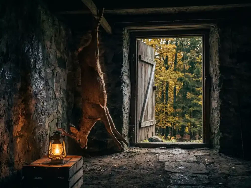 Frisch erlegtes Wildhirsch-Kadaver hängt in einem Steinlager, warmes Laternenlicht, Herbstwald durch hölzerne Tür sichtbar.