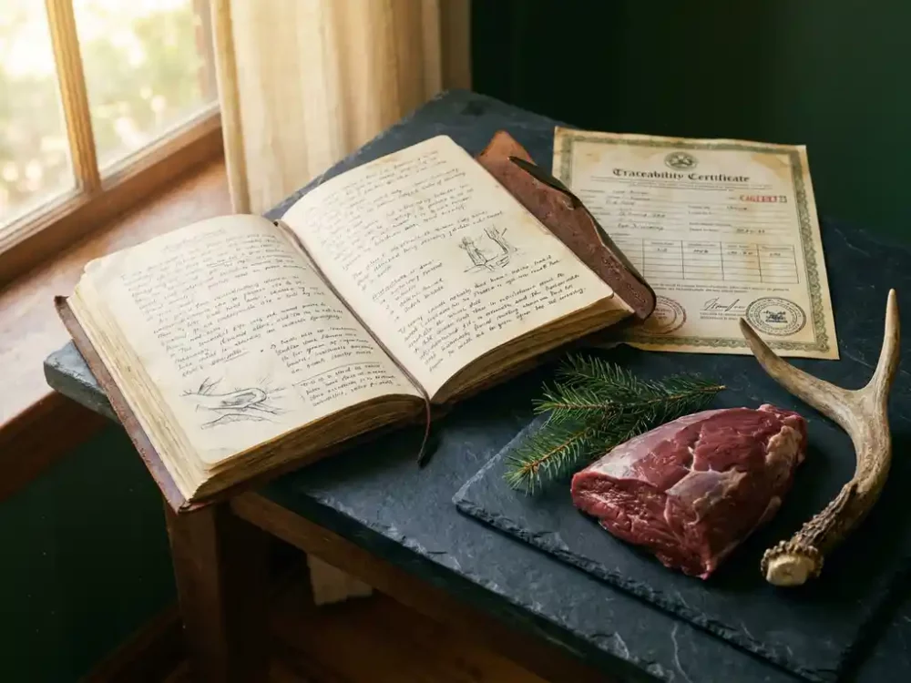Aufgeschlagenes Jagdtagebuch aus Leder neben einem Rückverfolgbarkeitszertifikat und frischem Wildfleisch auf Schieferplatte mit Kiefernzweigen.