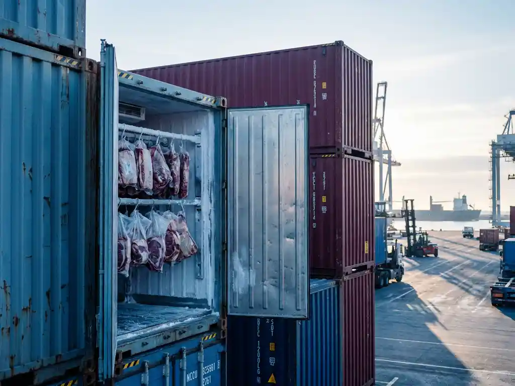 Gekühlte Frachtcontainer im Hafen gestapelt, ein Container geöffnet mit vakuumverpacktem Rind- und Lammfleisch, Frachtschiff am Horizont.