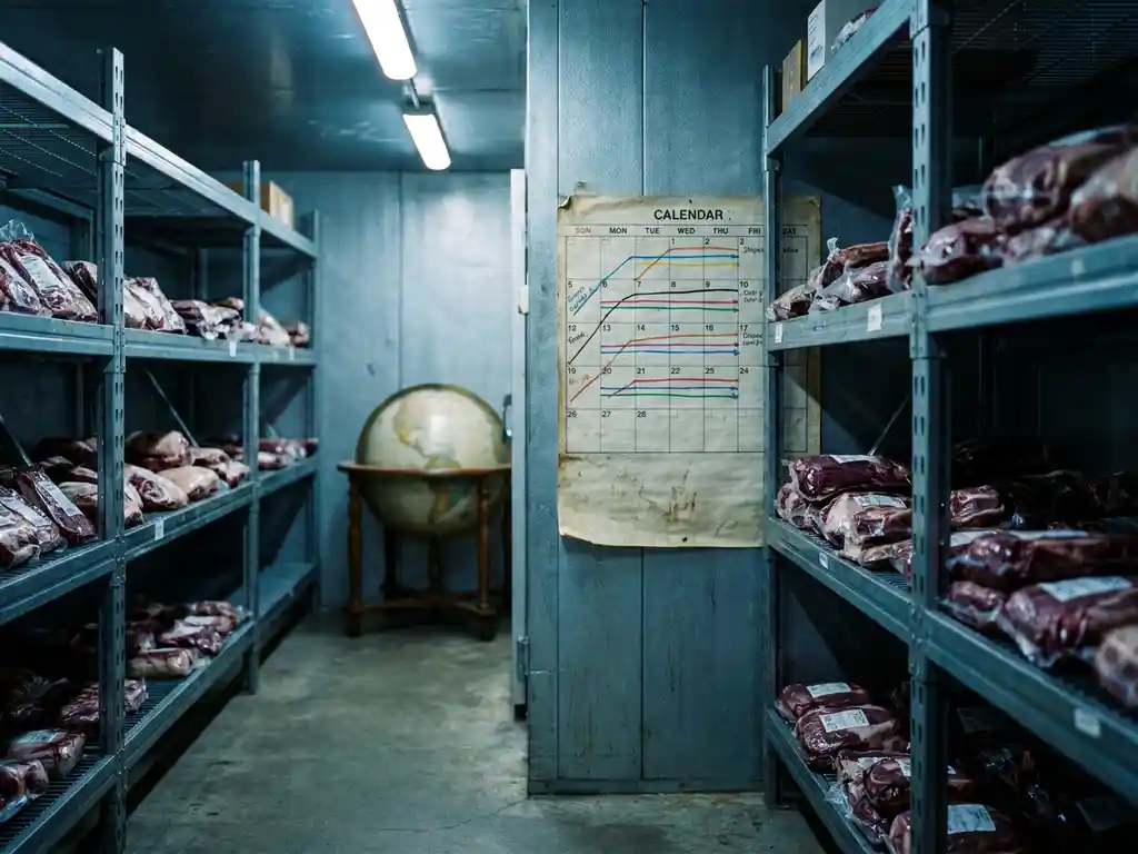Vakuumverpackte Lamm- und Rindfleischstücke auf Industrieregalen in einem gekühlten Großhandelslager mit Globus im Hintergrund.