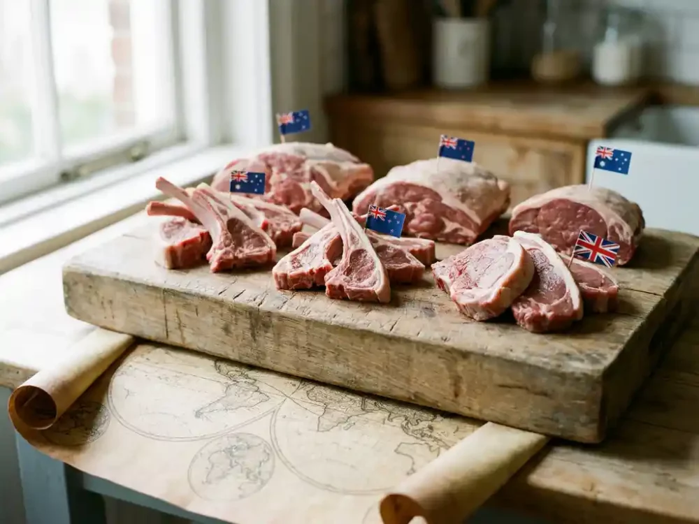 Fresh lamb cuts on a rustic butcher's block with Australian, New Zealand, and UK flag toothpick markers over a parchment world map.