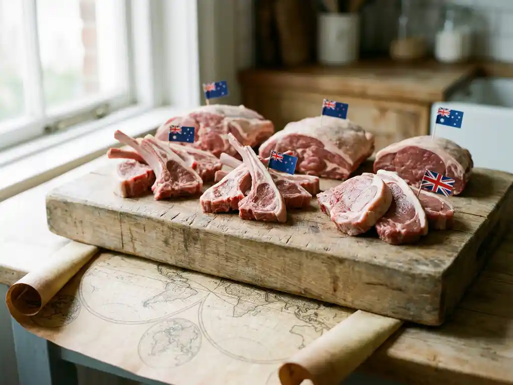Fresh lamb cuts on a rustic butcher's block with Australian, New Zealand, and UK flag toothpick markers over a parchment world map.