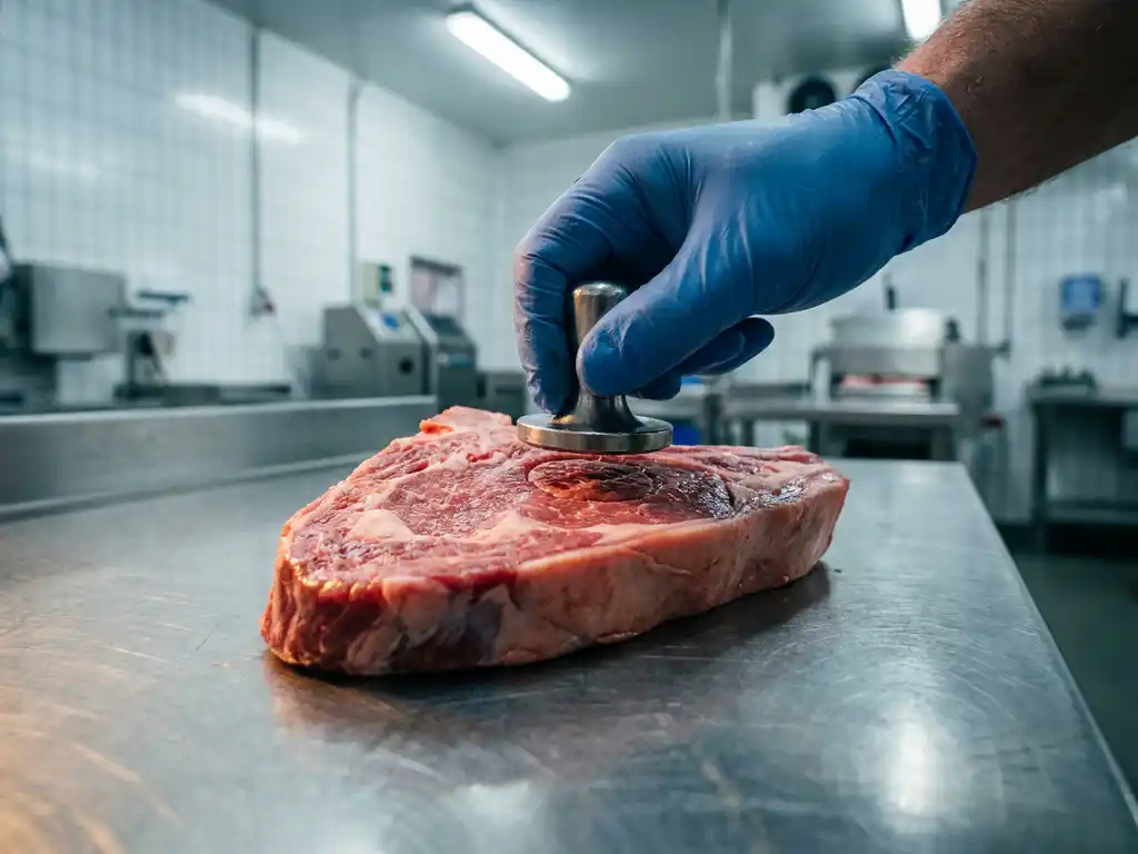 Meat grader stamping a quality mark on a premium lamb cut at a stainless steel inspection surface in a white-tiled processing facility.