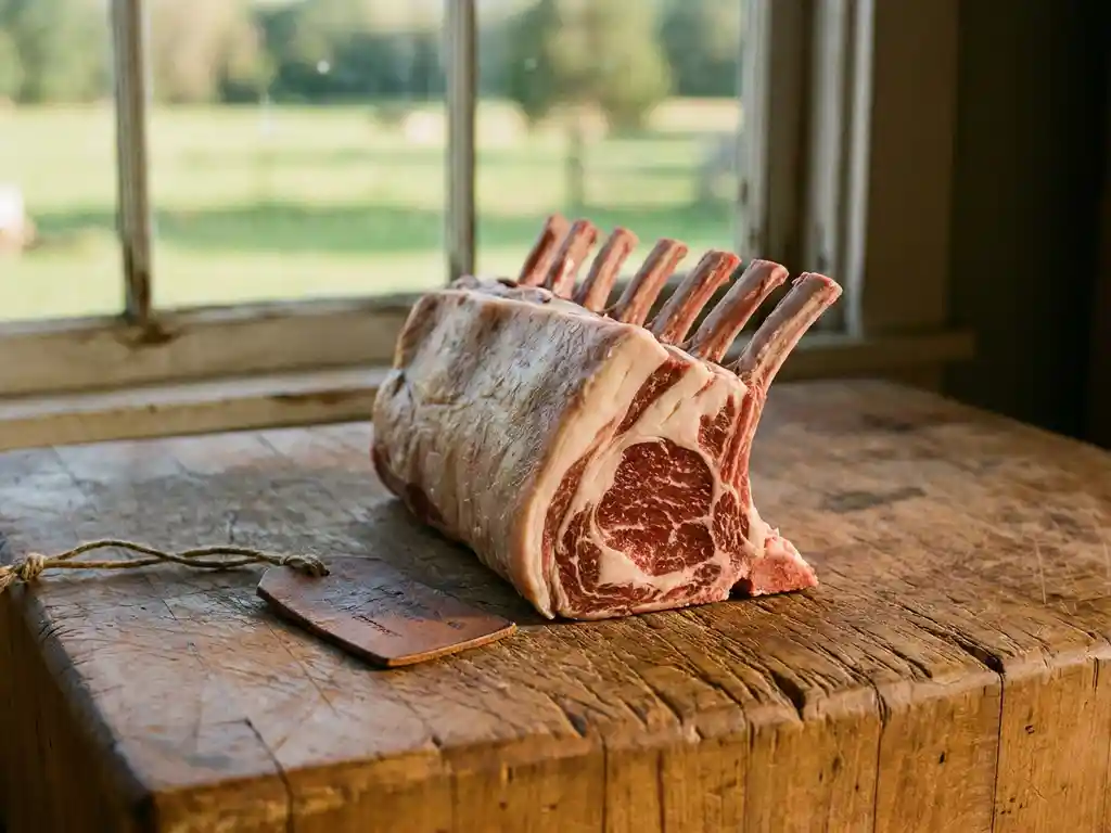 Fresh lamb rack with rich marbling on a rustic butcher block, worn leather tag nearby, soft green pasture blurred in background.