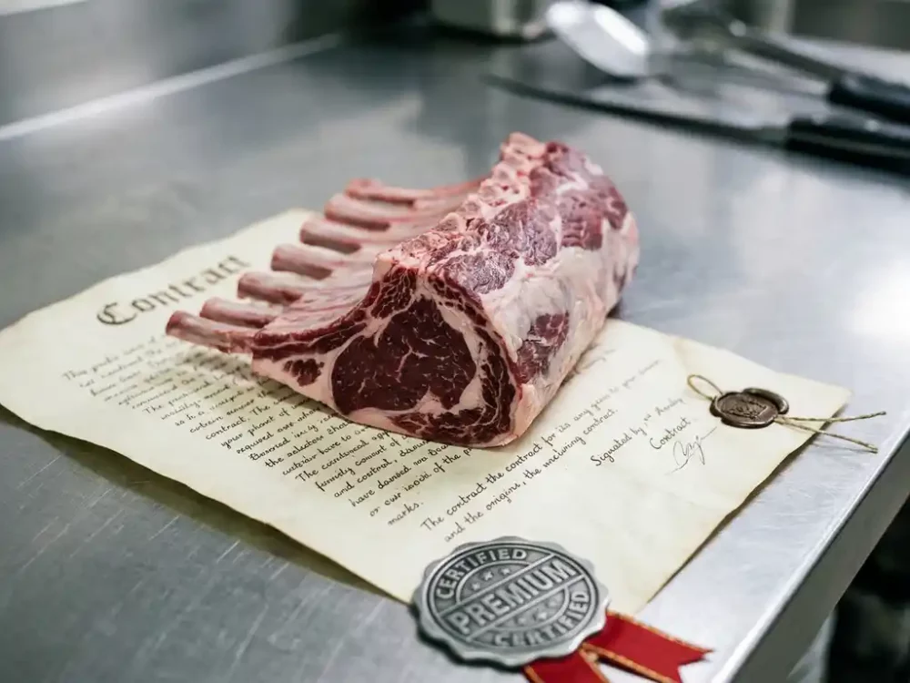 Raw lamb rack resting on a formal contract document atop a stainless steel butcher's surface with a quality certification seal nearby.