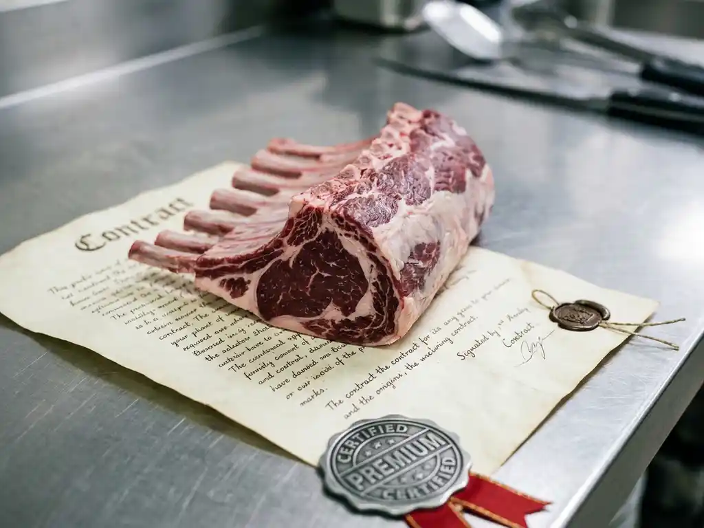 Raw lamb rack resting on a formal contract document atop a stainless steel butcher's surface with a quality certification seal nearby.