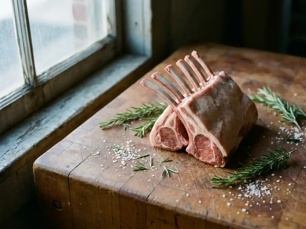 Frenched lamb rack on a rustic butcher's block with fresh rosemary sprigs and coarse sea salt in soft morning light.
