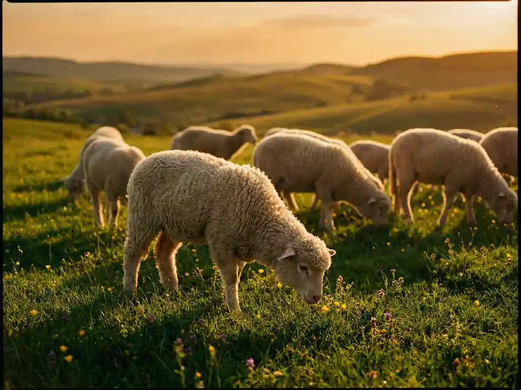Woolly lamb grazing in a sunlit green pasture at golden hour, with a rolling hillside and wildflowers in the background.