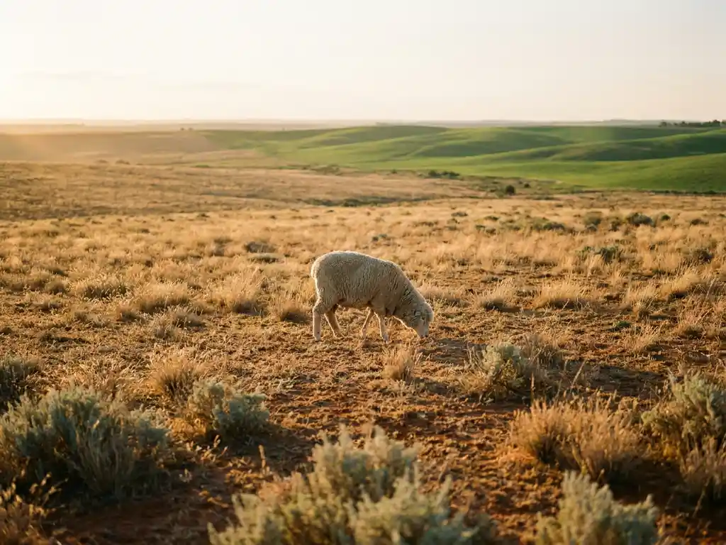 Merino sheep grazing on sun-scorched Australian outback plain transitioning into lush green European pasture under warm golden-hour light.