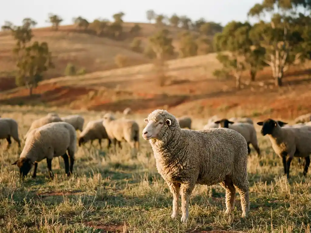 Merino and Suffolk sheep grazing on a sunlit Australian pastoral landscape, golden afternoon light highlighting thick wool coats against red-earth soil and eucalyptus trees.