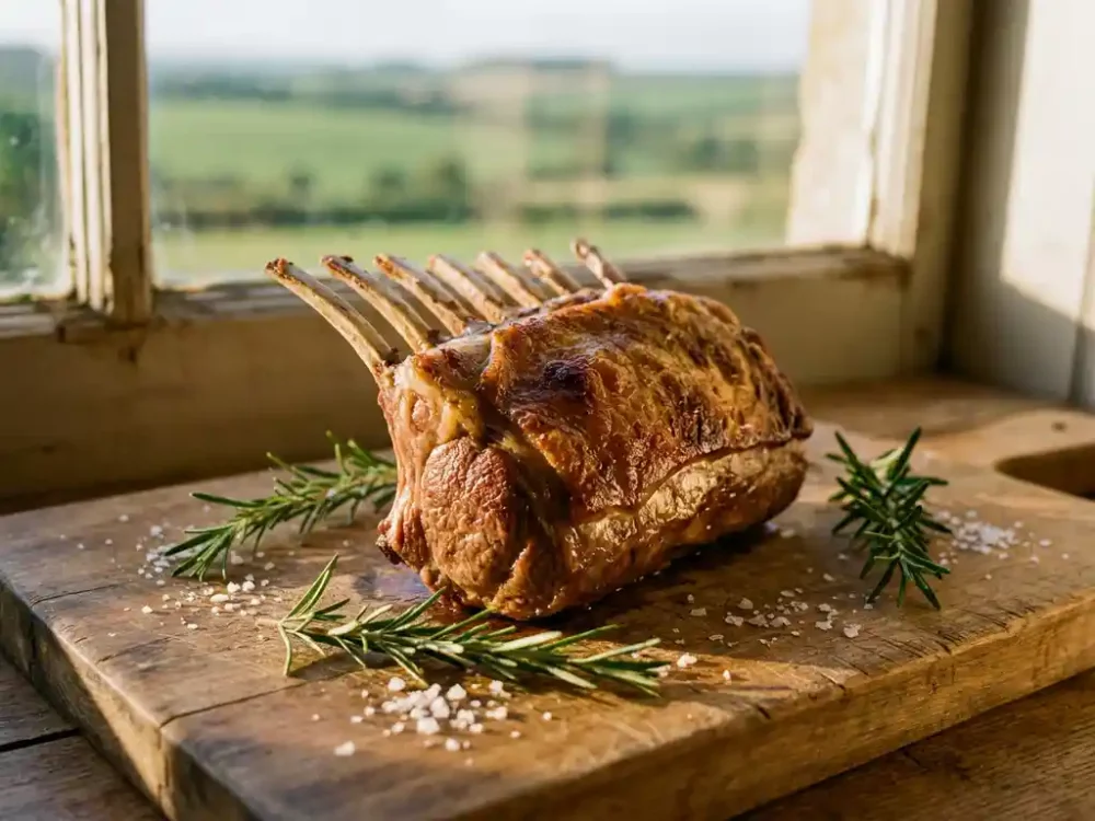 Seared rack of New Zealand lamb with golden-brown crust on a rustic wooden board, garnished with rosemary sprigs and flaky sea salt.
